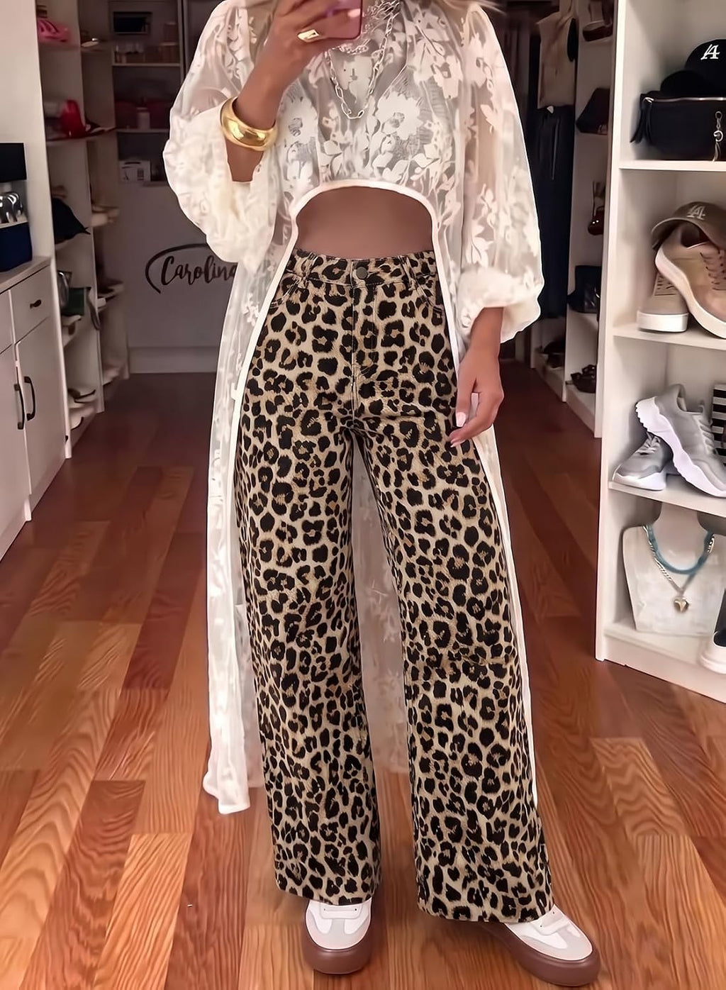 Women's High Waisted Jeans Wide Leg Leopard Print Denim Pants