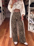 Women's High Waisted Jeans Wide Leg Leopard Print Denim Pants