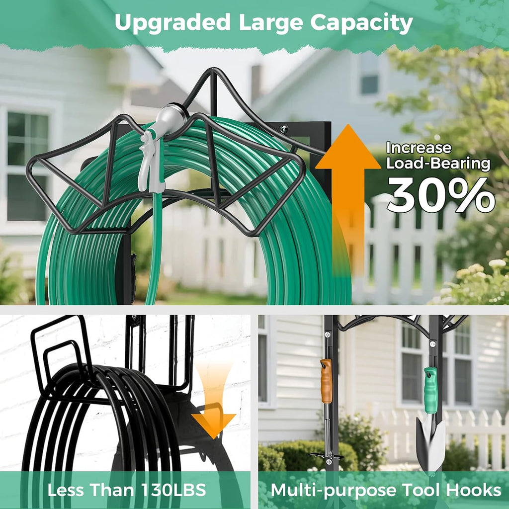 Garden Hose Holder with 2 Tool Hooks Heavy-Duty Water Hose Reel Rustproof | Freestanding Hose Reel Metal Stand Rack