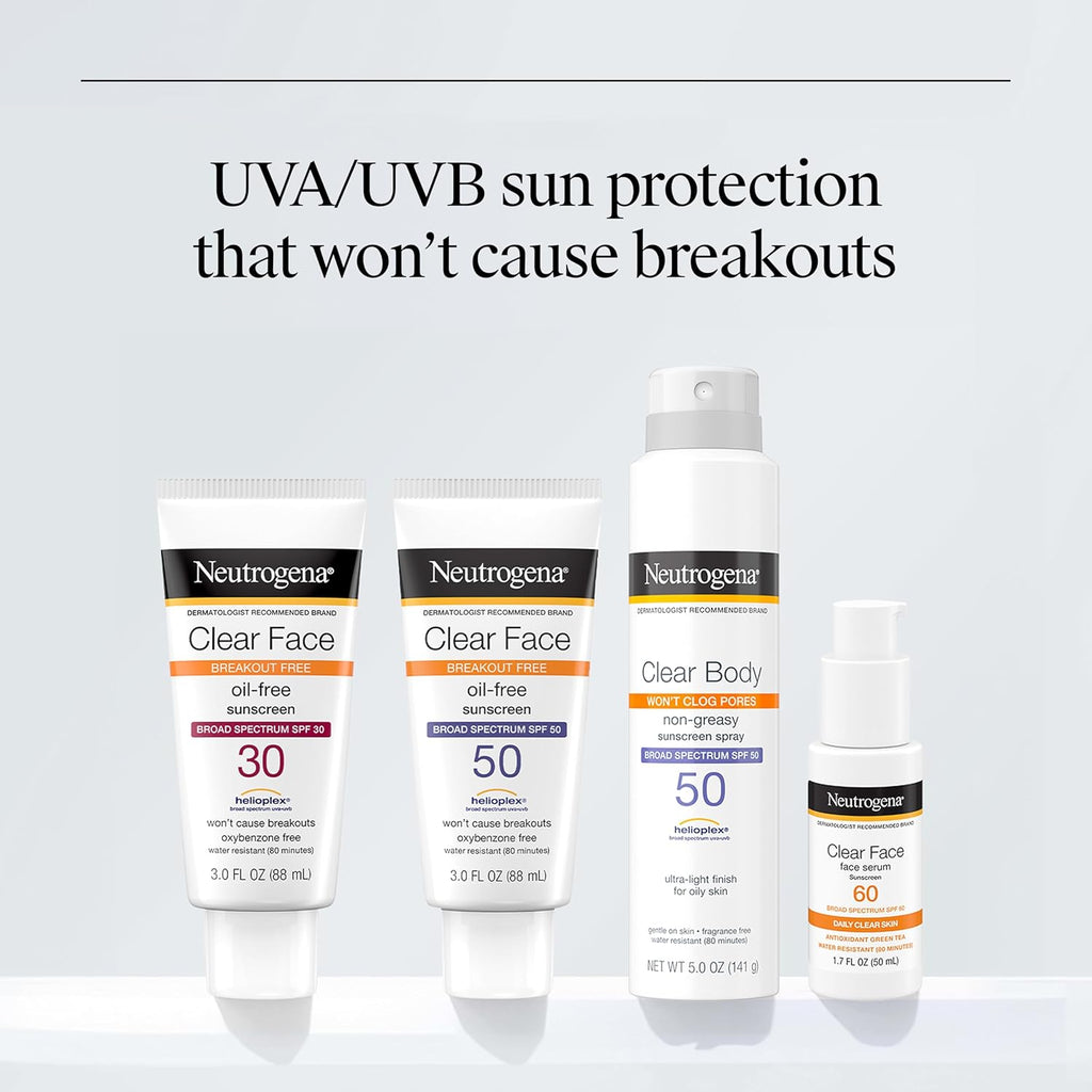 Neutrogena Clear Face Sunscreen Lotion SPF 50, 3 fl. oz | For Acne-Prone Skin, Broad Spectrum UVA/UVB Protection