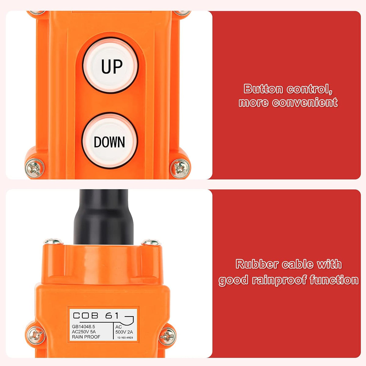 2Pcs Rainproof Crane Push Button Switch, COB61-UP-DOWN Crane Pendant Control Station Push Button Switch with Rubber Cable Barrel