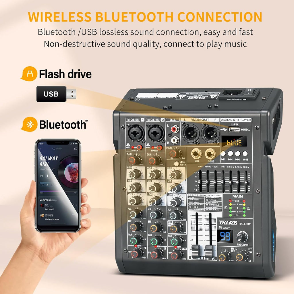 4 Channel Audio Mixer for Home Audio, Sound Mixer Board with USB Interface, 99 DSP Effects, 48V Phantom Power, XLR