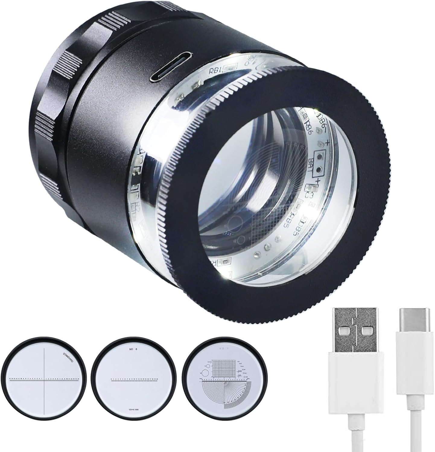 10X Rechargeable Jewelers Loupe Magnifier with LED Lights and 3 Reticle Scales, 25 mm Field of View, Adjustable Focus