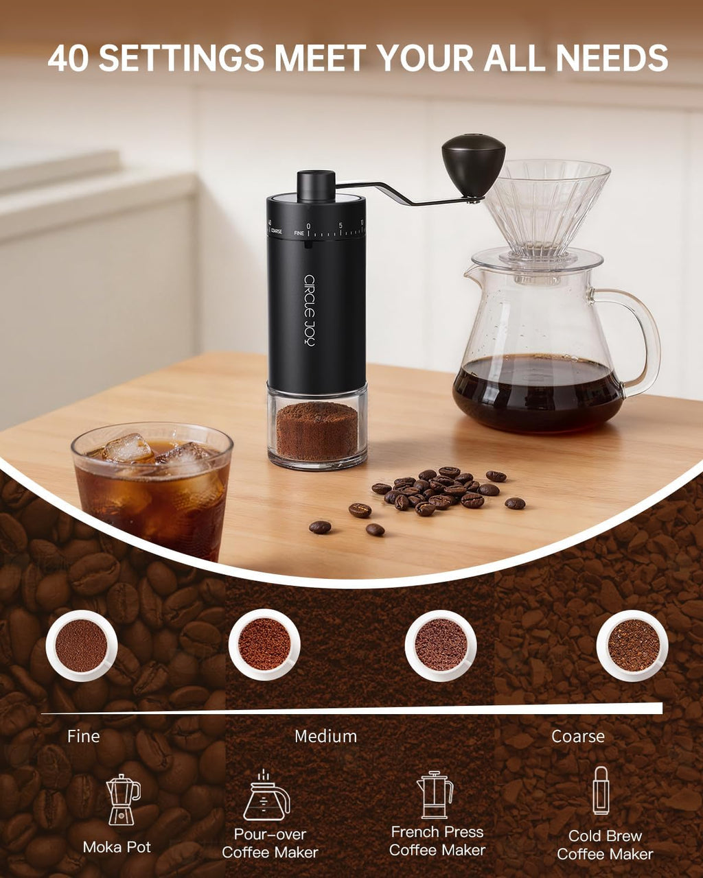 Mini Manual Coffee Grinder with 40 External Adjustable Settings and Ceramic Conical Burr, Portable Stainless Steel