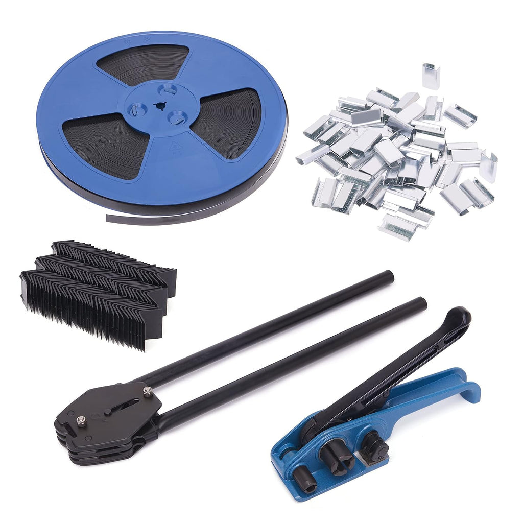 Pallet Packaging Strapping Banding Kit - Tensioner & Sealer Machine Set, Heavy Duty PET Belt, Open Serrated Seals