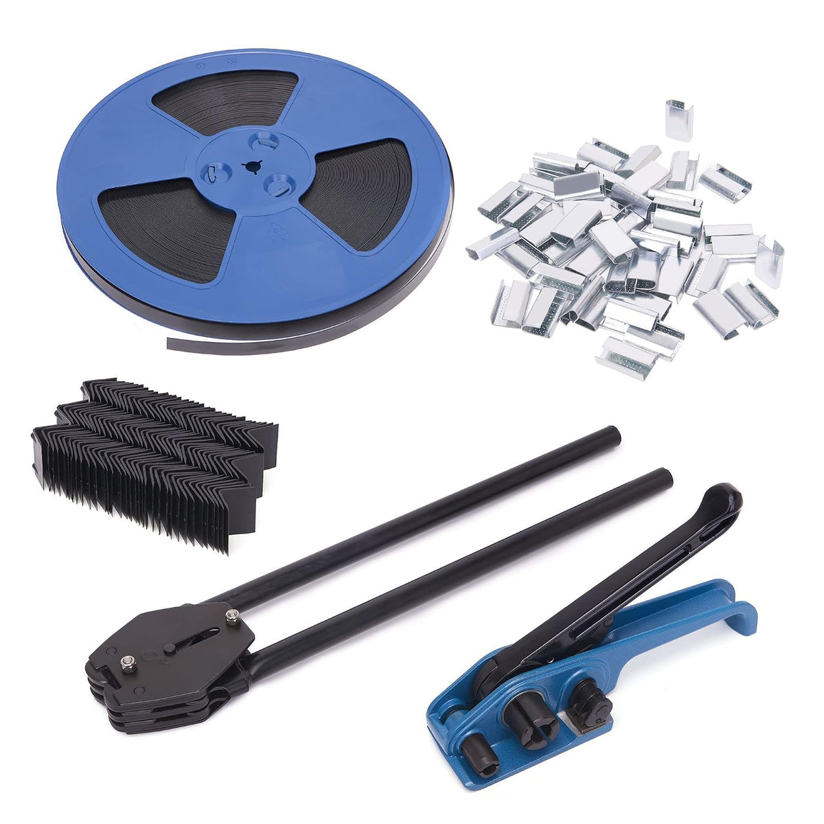 Pallet Packaging Strapping Banding Kit - Tensioner & Sealer Machine Set, Heavy Duty PET Belt, Open Serrated Seals