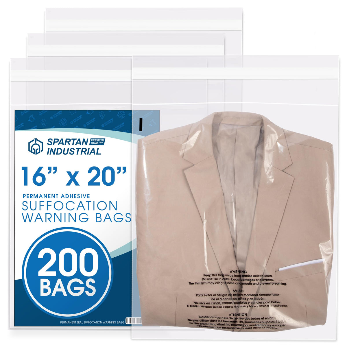 16" X 20" (200 Count) Self-Seal Clear Poly Bags With Suffocation Warning