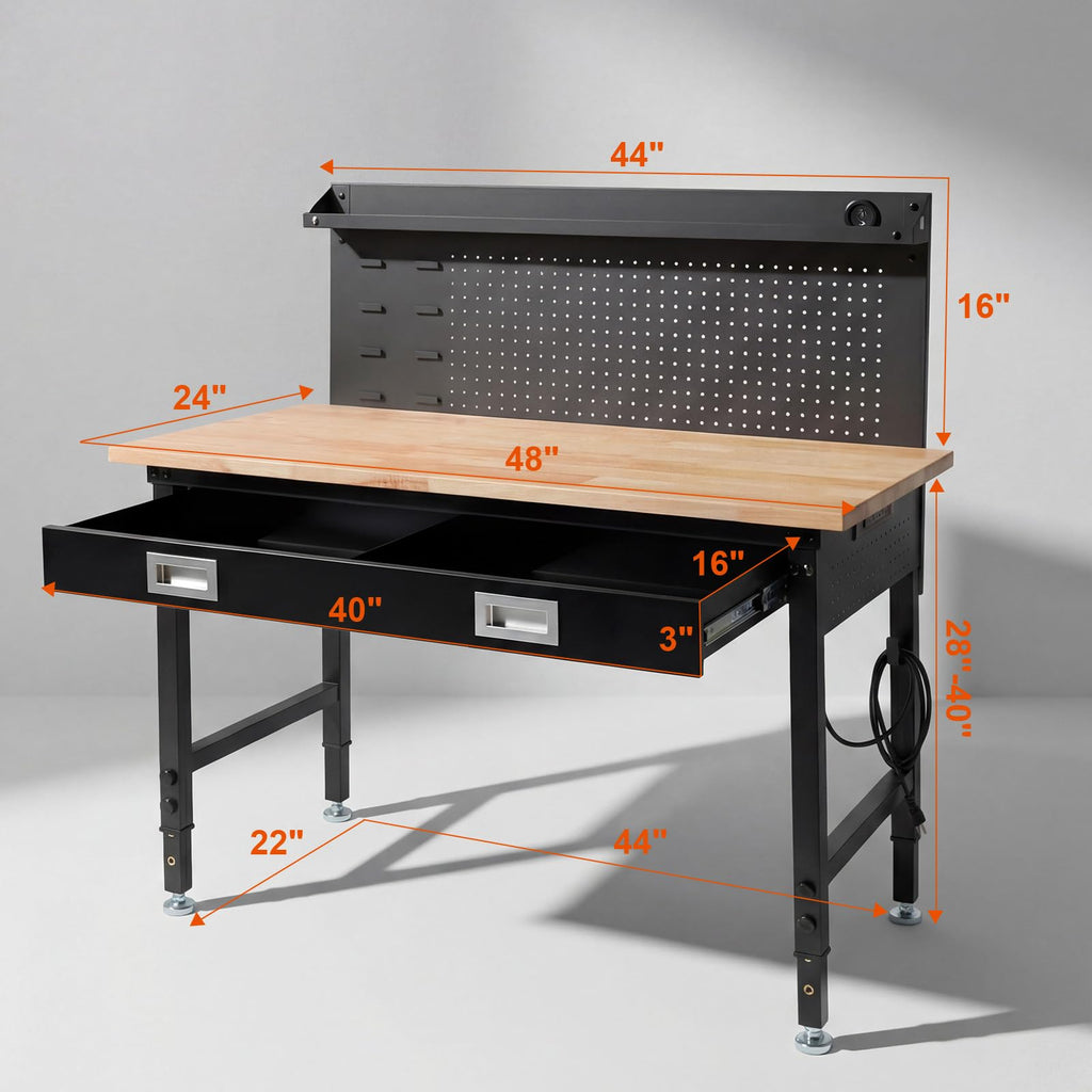 48" Adjustable Work Bench with Drawers, Workbench for Garage with Strip Light, Work Table with Large Pegboard, 2000