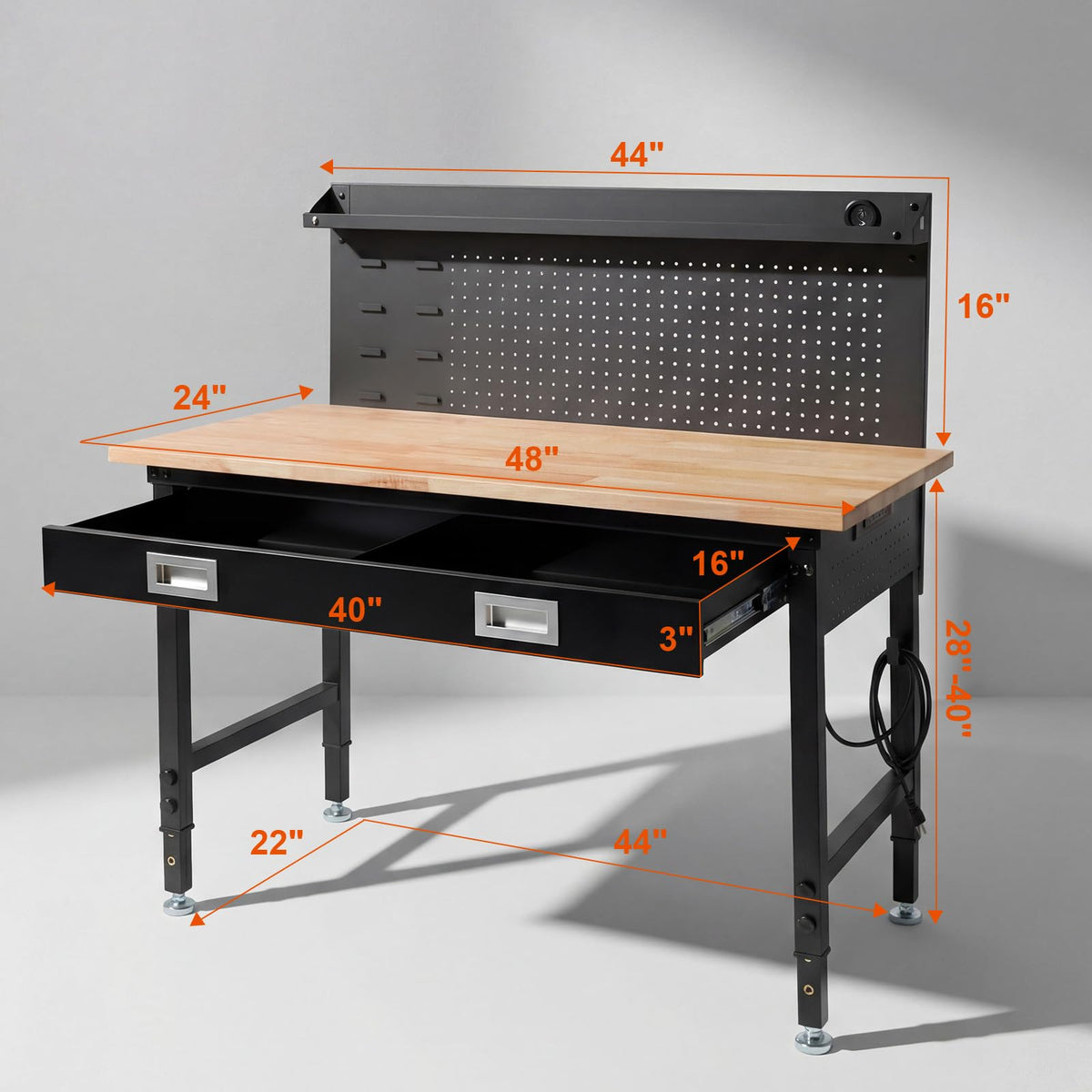 48" Adjustable Work Bench with Drawers, Workbench for Garage with Strip Light, Work Table with Large Pegboard, 2000