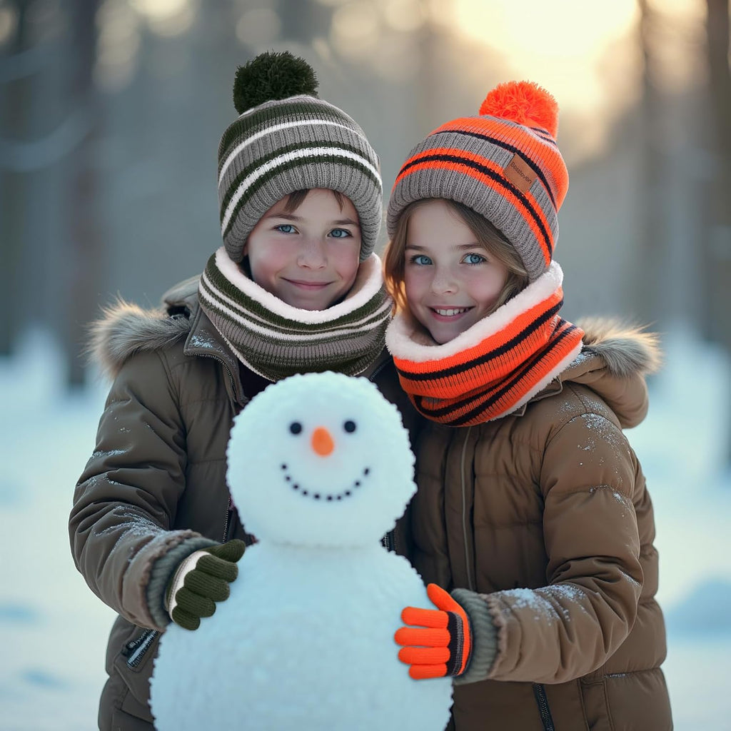 Kids Winter Hat Gloves Scarf Set: Girls Boys Beanie Fleece Lined Ages 6-10 | Kids Beanie Hats Gloves Neck Warmer Knit