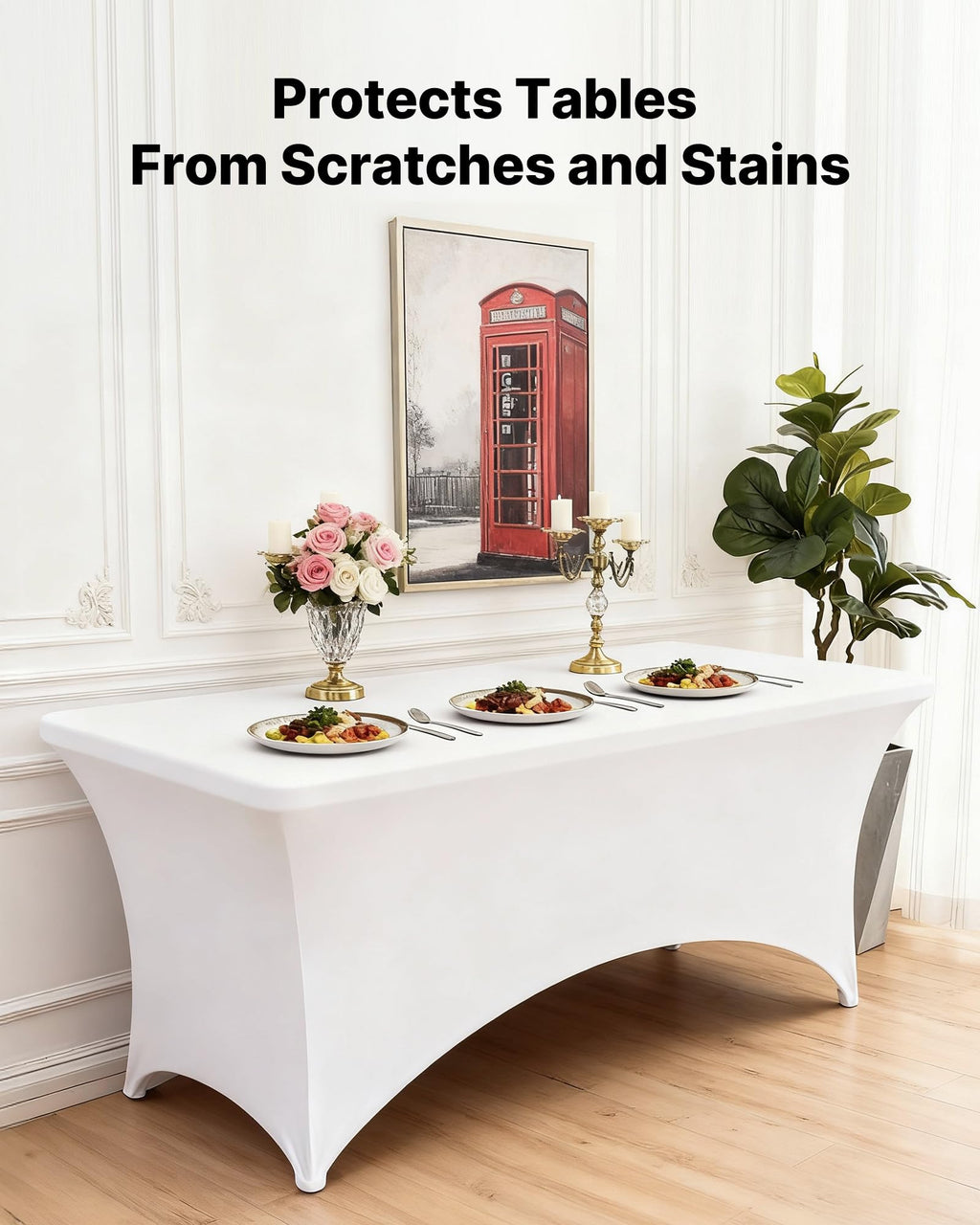6 Pack Table Cloth for 8FT Rectangular Fitted Events, Wrinkle-Resistant Stretch White Table Covers, Washable Spandex