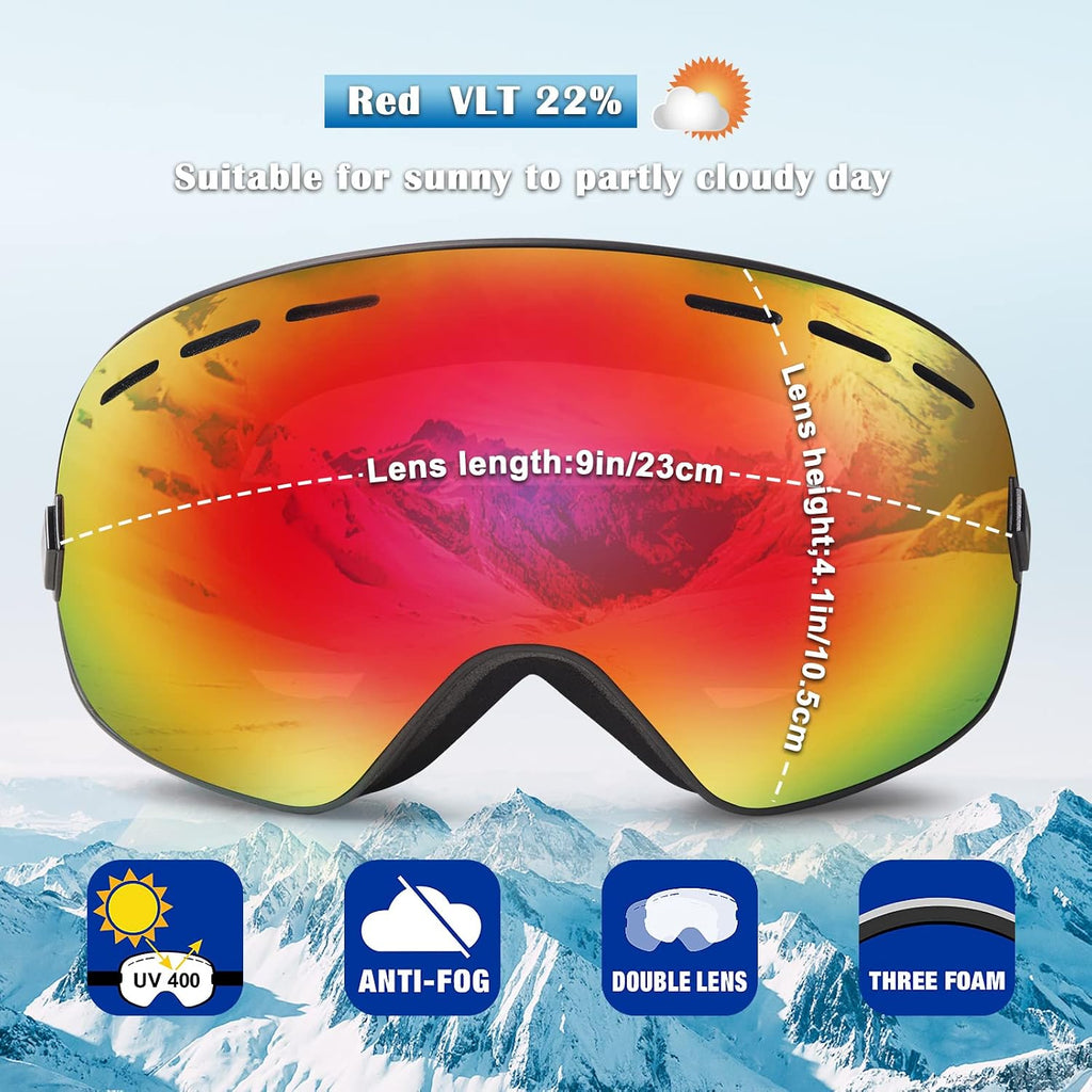 Snowboard Ski Goggles Men Women Youth, Anti Fog OTG Winter Snow Goggles Spherical Detachable Lens