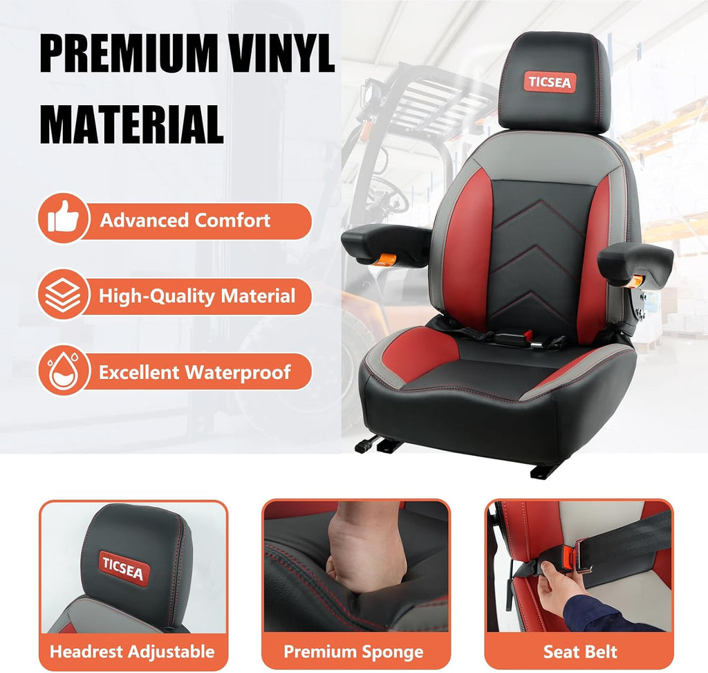 Universal Tractor Seat, Forklift Seat with Retractable Seatbelt and Adjustable Backrest Headrest Armrests Compatible