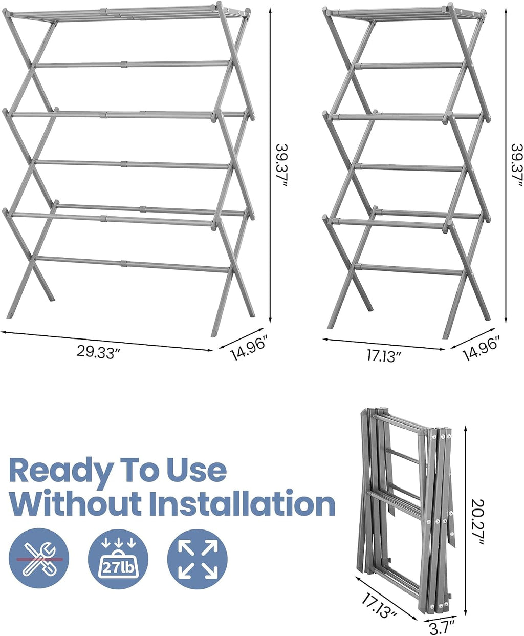 Oversize 3-Tier Clothes Drying Rack, No Install, Grey | Expandable Design, Non-slip feet, Tool-free Setup, Rust