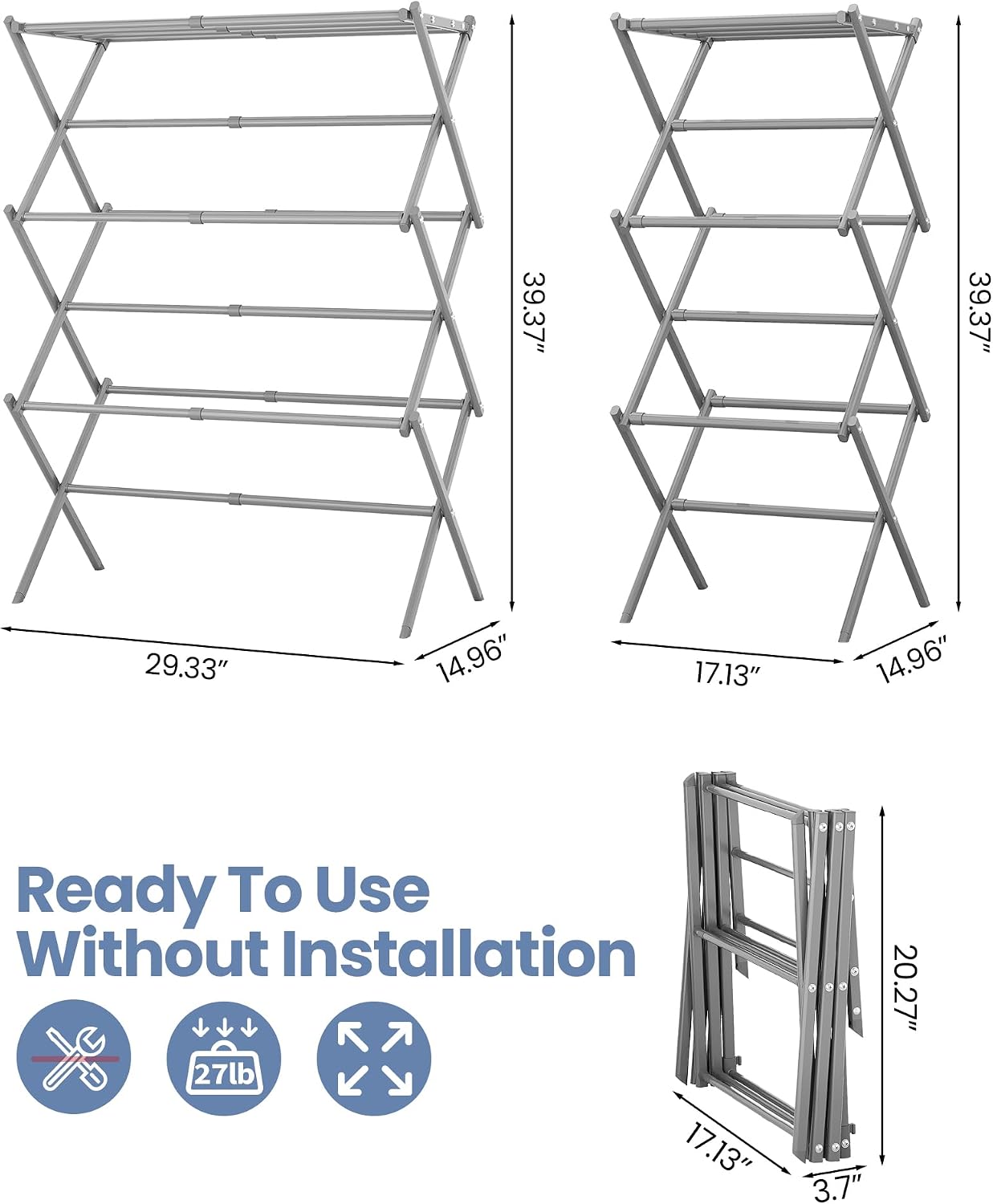 Oversize 3-Tier Clothes Drying Rack, No Install, Grey | Expandable Design, Non-slip feet, Tool-free Setup, Rust