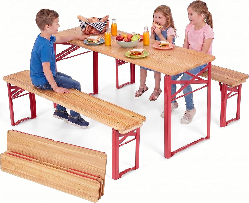 Kids Picnic Table, 43.5 Inch Folding Toddler Outdoor Table & 2 Benches, Fir Wood Top & Metal Frame, No Assembly