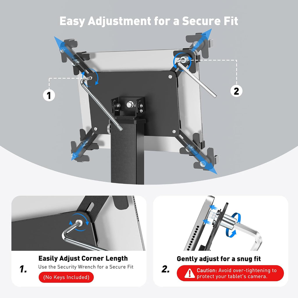 Anti-Theft iPad Kiosk Stand, 360 Rotation & Adj. Height 8.3"–13.4", Heavy-Duty Steel & Aluminum, Fits 9.7"-13"