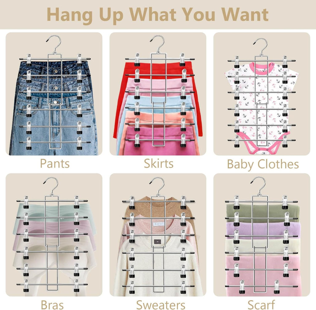 Pants Hangers with Clips,Space Saving Hanging Closet Organizer-6 Tiers Skirt Hangers with 360° Swivel Hook,Closet