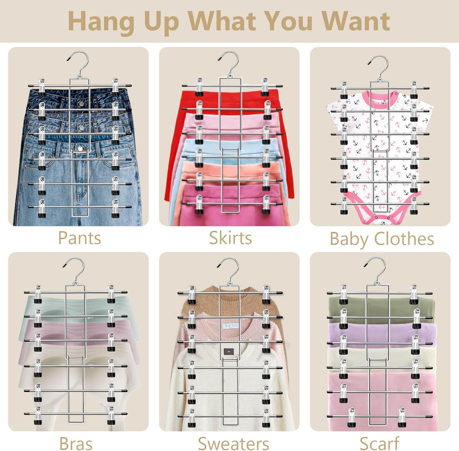 Pants Hangers with Clips,Space Saving Hanging Closet Organizer-6 Tiers Skirt Hangers with 360° Swivel Hook,Closet