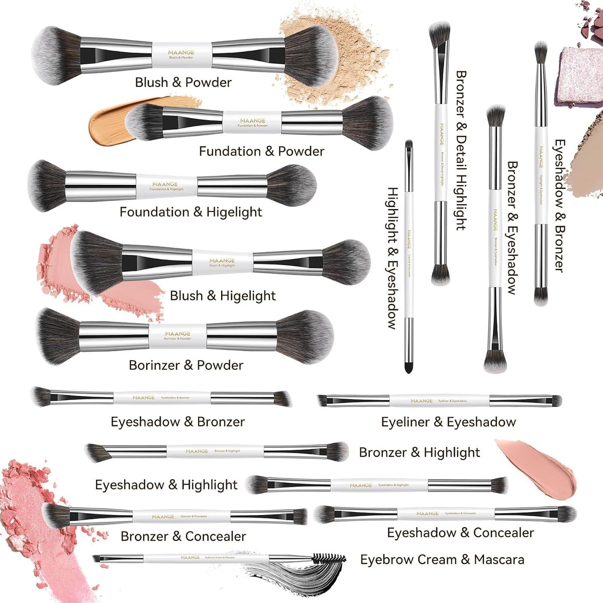 16pcs Double Ended Makeup Brush Set with Travel Case, Silver