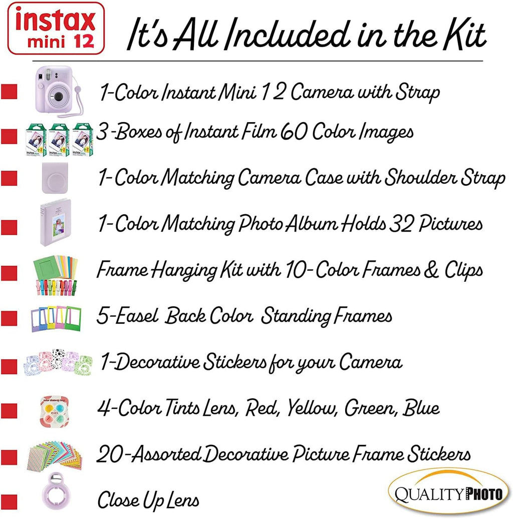 Instax Mini 12 Instant Camera + 60 Photo Prints + Accessories, Lilac Purple