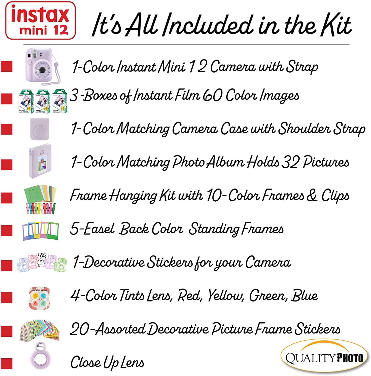 Instax Mini 12 Instant Camera + 60 Photo Prints + Accessories, Lilac Purple