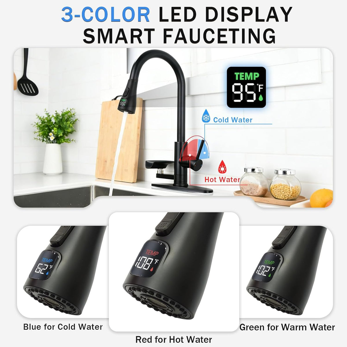 Pull Down Kitchen Faucet with Glass Rinser & Temp Display, Matte Black