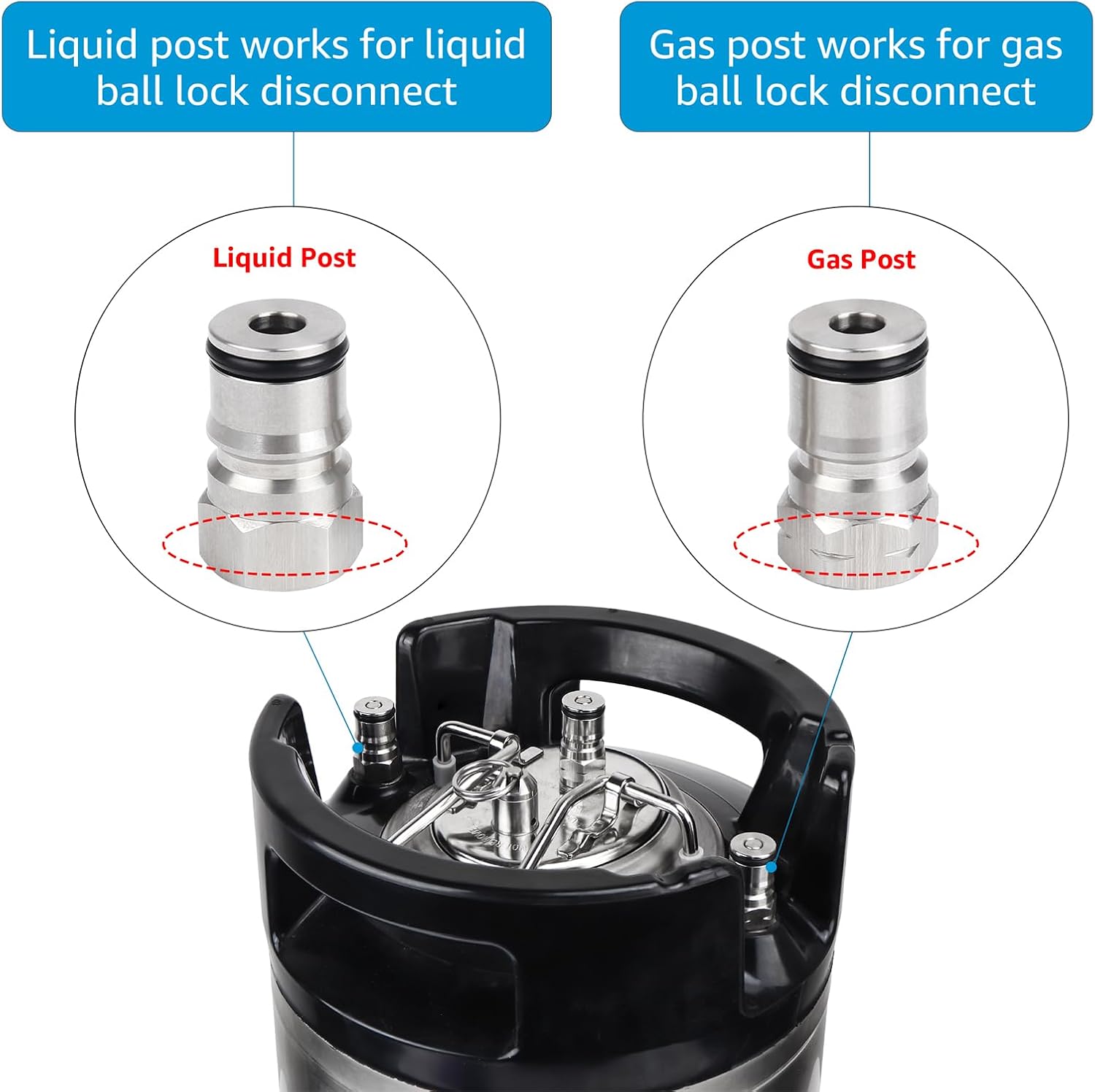 2 Pair Ball Lock Keg Post 19/32’’-18 Cornelius Corny Keg Connectors | Ball Lock Keg Fittings With Seal O-Rings