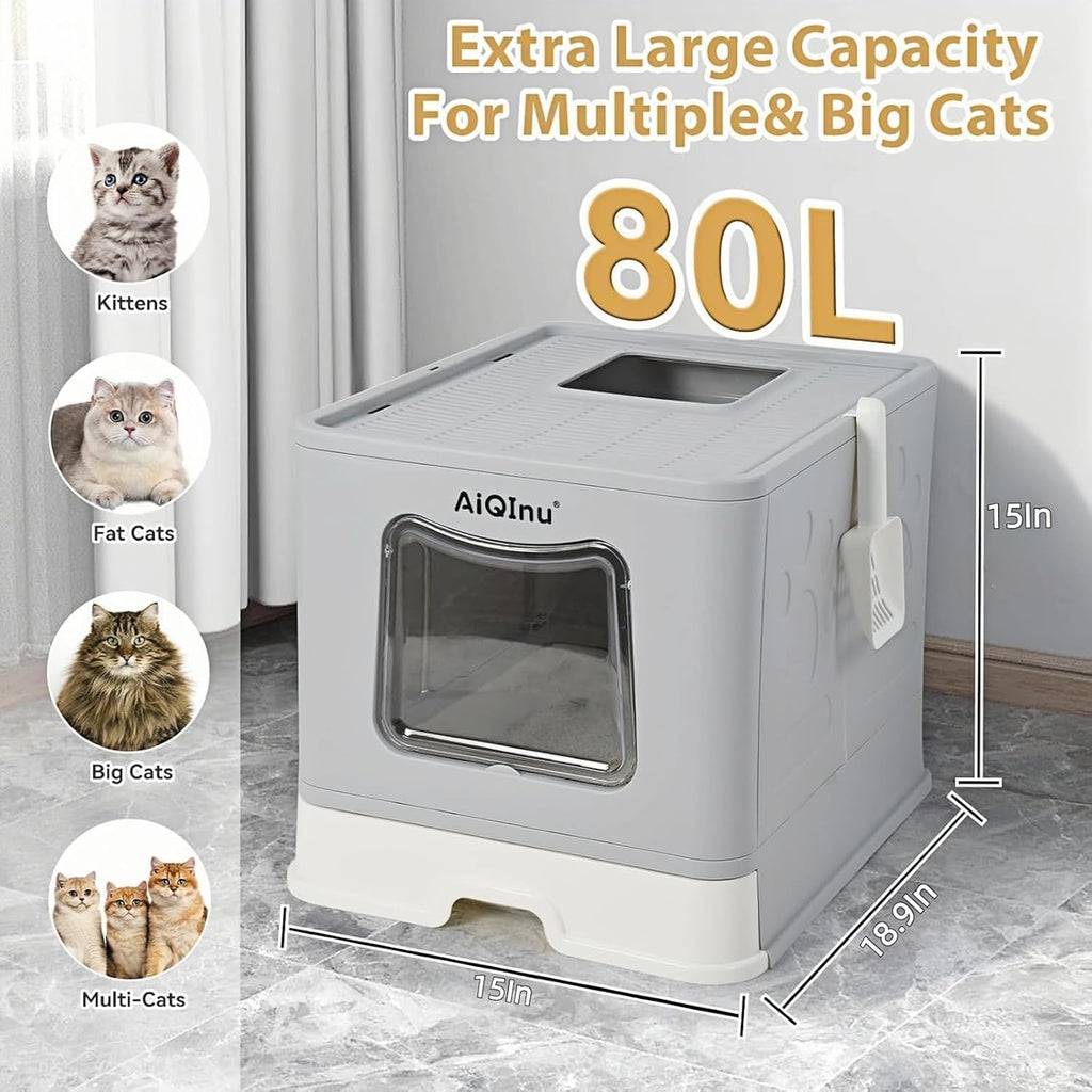 XLarge 80L Foldable Cat Litter Box with Lid, Top Exit & Front Entry Kitty Litter Box, Includes Litter Mat & Scoop