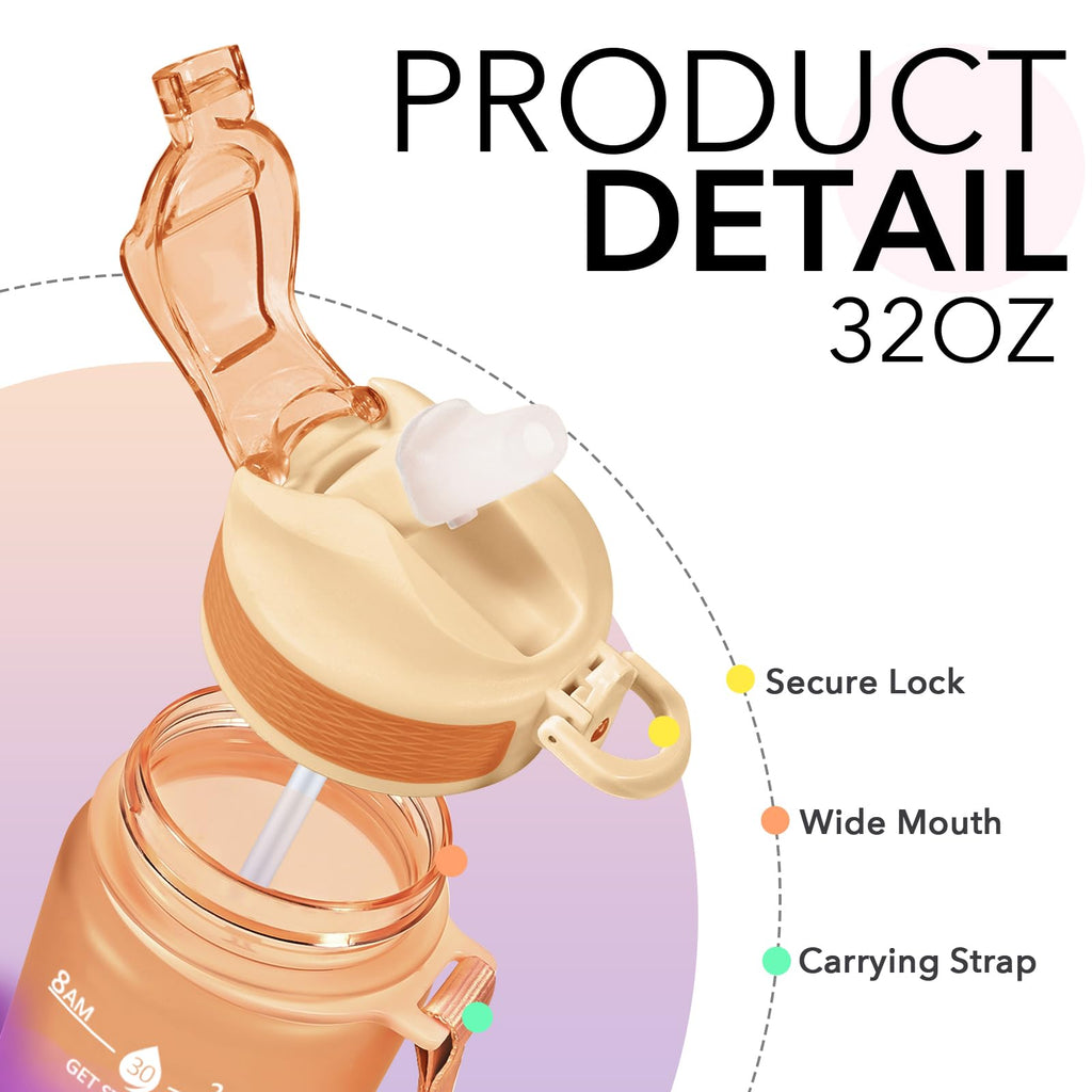 Plastic Water Bottle With Straw & Time Marker, 32oz Leakproof Jug