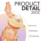 Plastic Water Bottle With Straw & Time Marker, 32oz Leakproof Jug