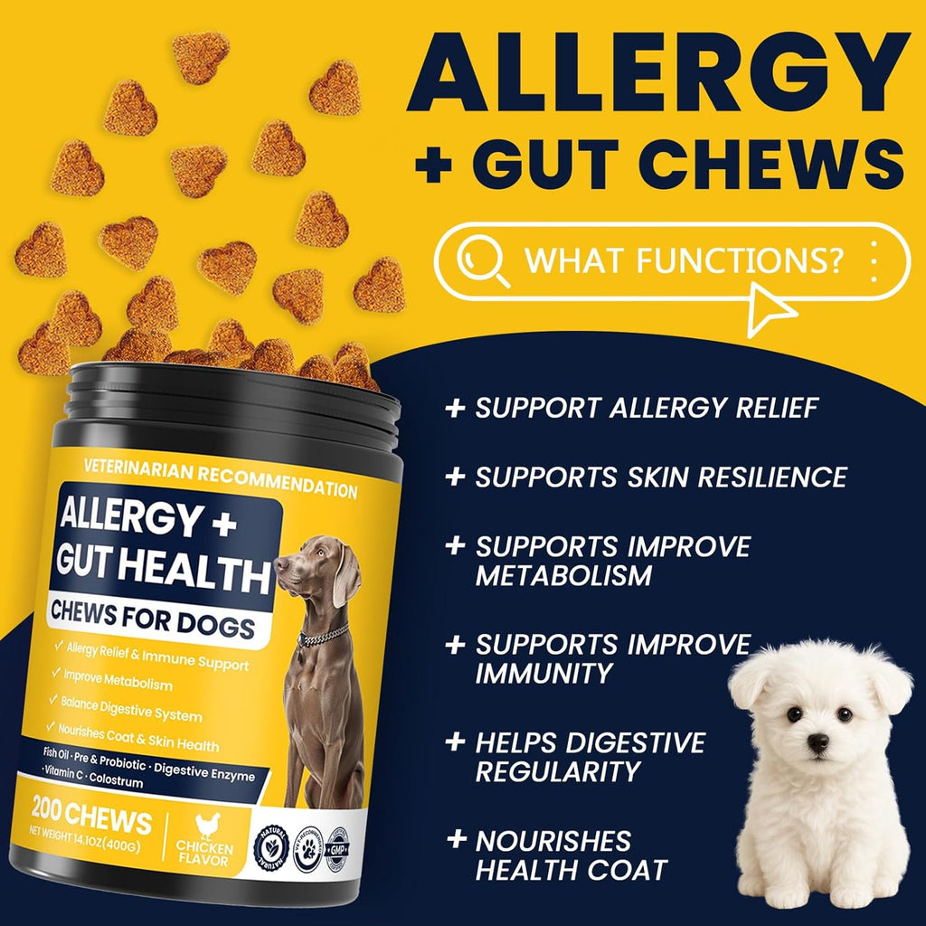 Dog Allergy Chews Probiotics for Dogs for Yeast 200ct, Itchy Skin and Itchy Ears Itch Relief Immune Pre Chews for Pet