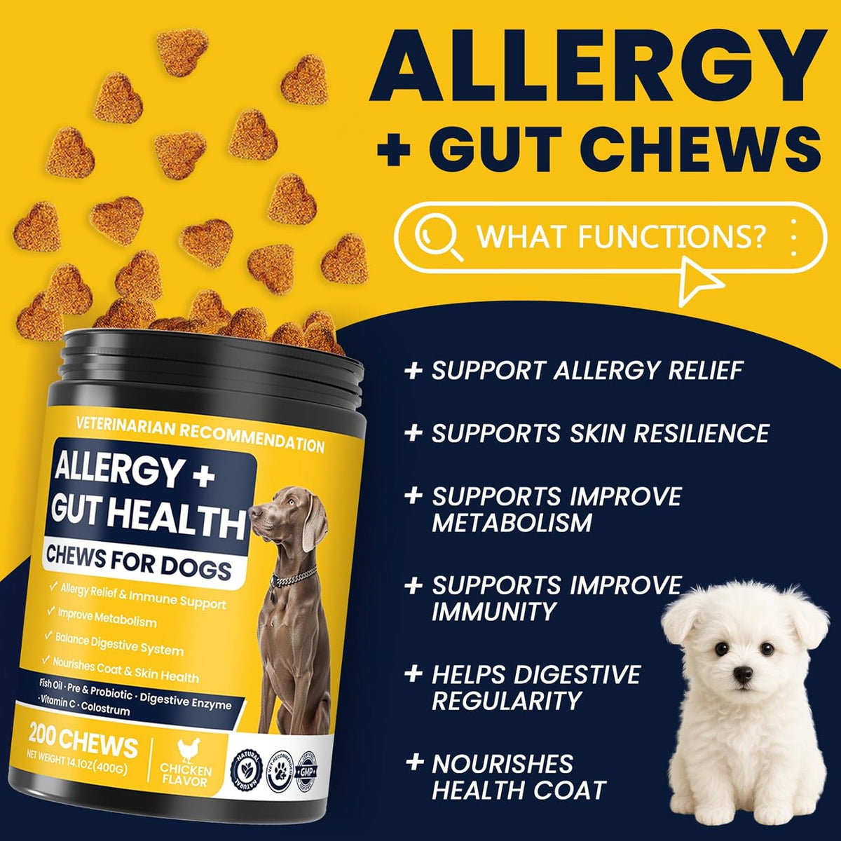 Dog Allergy Chews Probiotics for Dogs for Yeast 200ct, Itchy Skin and Itchy Ears Itch Relief Immune Pre Chews for Pet