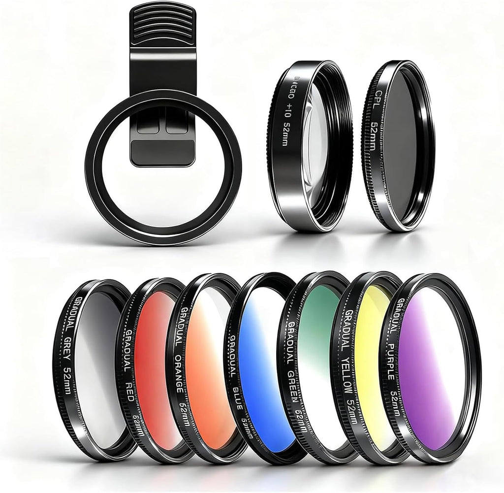 10 in 1 Phone Camera Lens Kit, 52mm Clip-on Glass CPL Polarizing Lens for iPhone with 10 x Macro Lens, 7 Color Lens