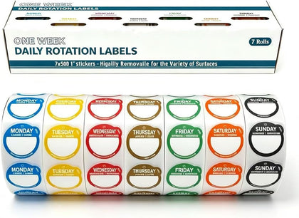 Day Dots Food Labels, 1 Inch 3500 Pcs Removable Date Stickers for Food, 7 Rolls Days of The Week Labels for
