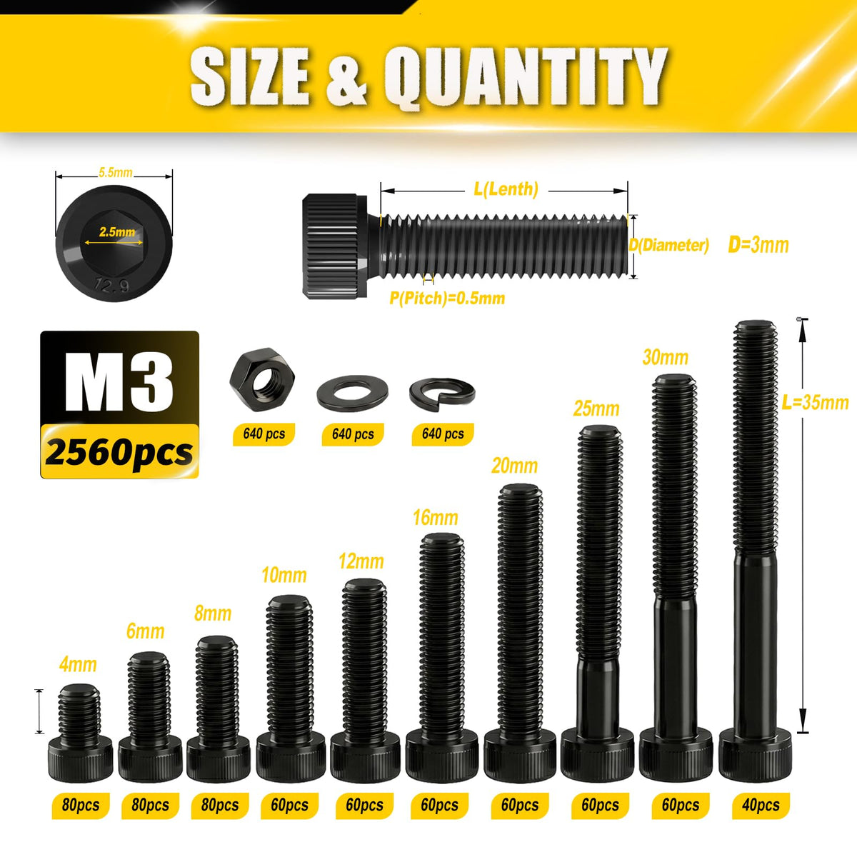 M3 Screws Kit 2560Pcs Socket Head Cap Screw Assortment 10 Sizes 3D Printing