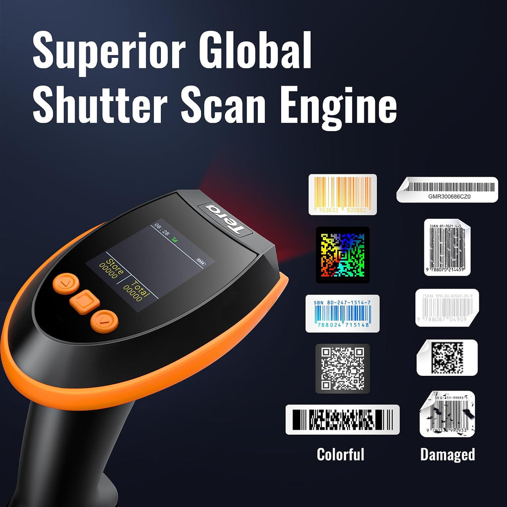 Barcode Scanner Wireless with Screen: Pro Version 1D 2D QR with Setting Keypad Charging Cradle Works with Bluetooth