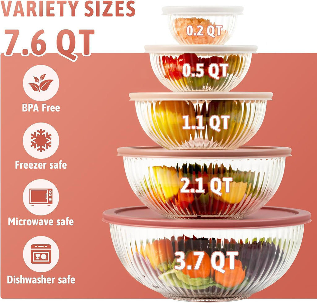 Glass Mixing Bowls with Lids Sets, 5 Packs Glass Bowls with Lids for Kitchen Baking, Meal Prepping and Salad, Bpa