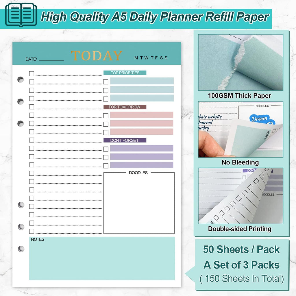 A5 Refill Paper Planner Inserts, 3 Pack 6 Holes Loose Leaf Refill Paper, 300 Pages Budget Planner Binder Inserts