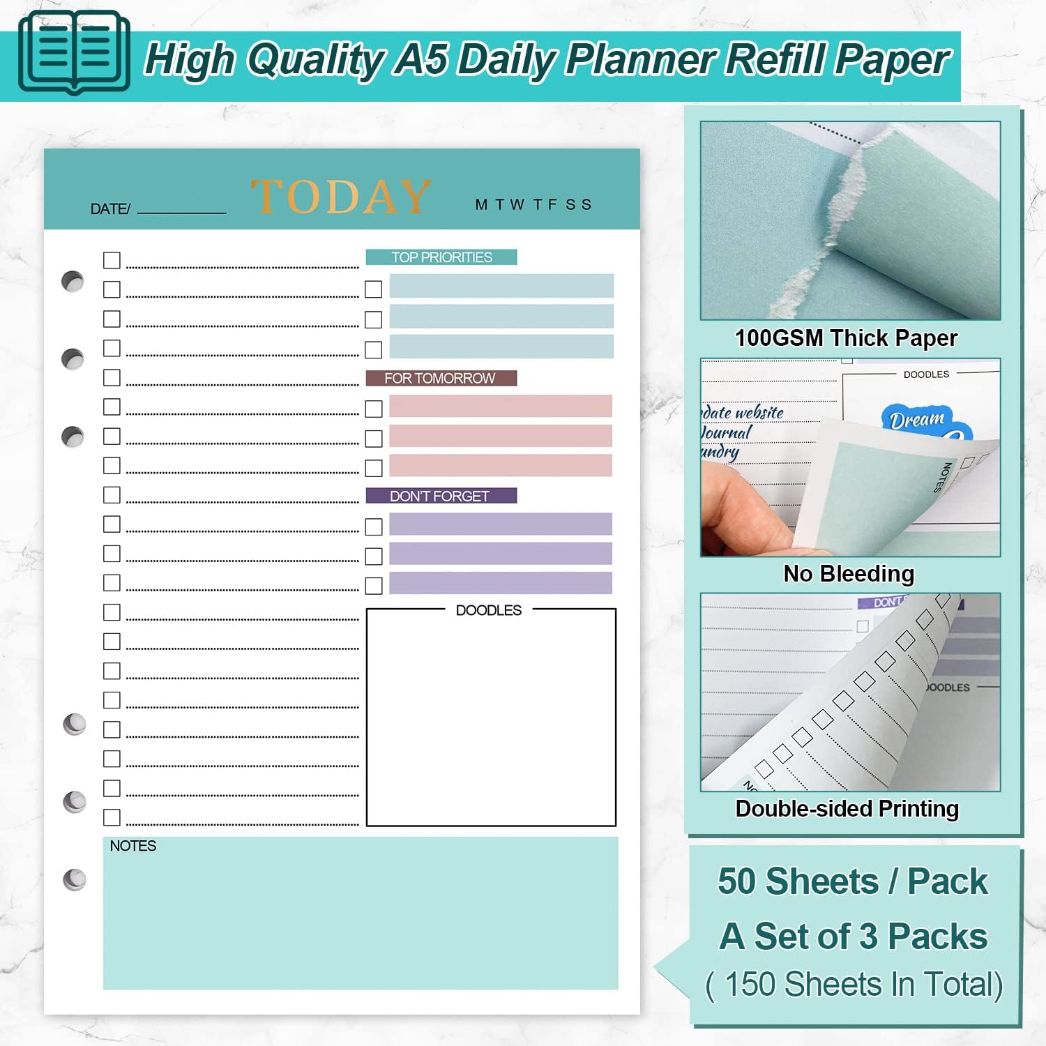 A5 Refill Paper Planner Inserts, 3 Pack 6 Holes Loose Leaf Refill Paper, 300 Pages Budget Planner Binder Inserts