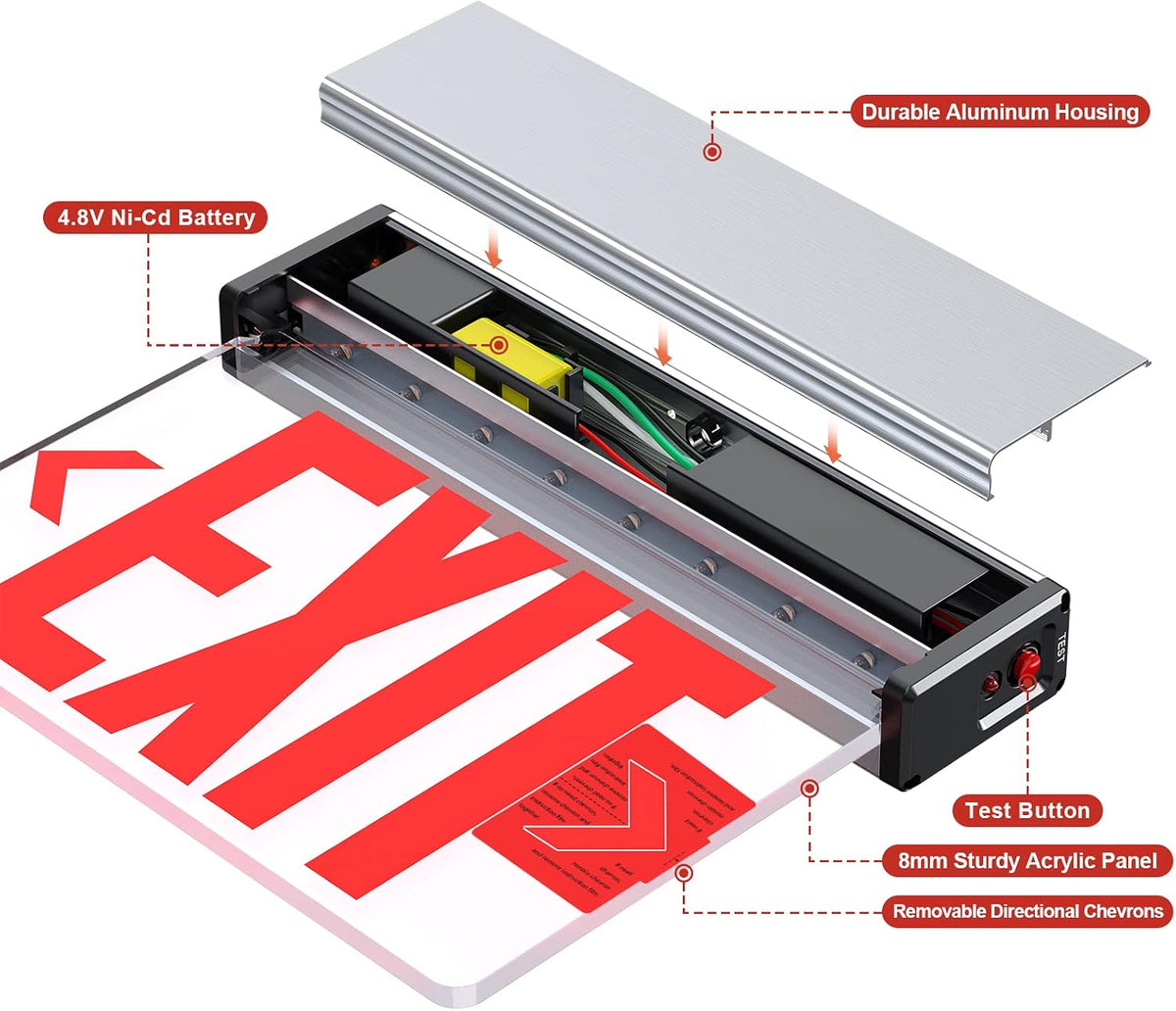 Red LED Edge Lit Exit Sign UL Listed, Brushed Aluminum Housing Single Sided Clear Acrylic Emergency Exit Signs with