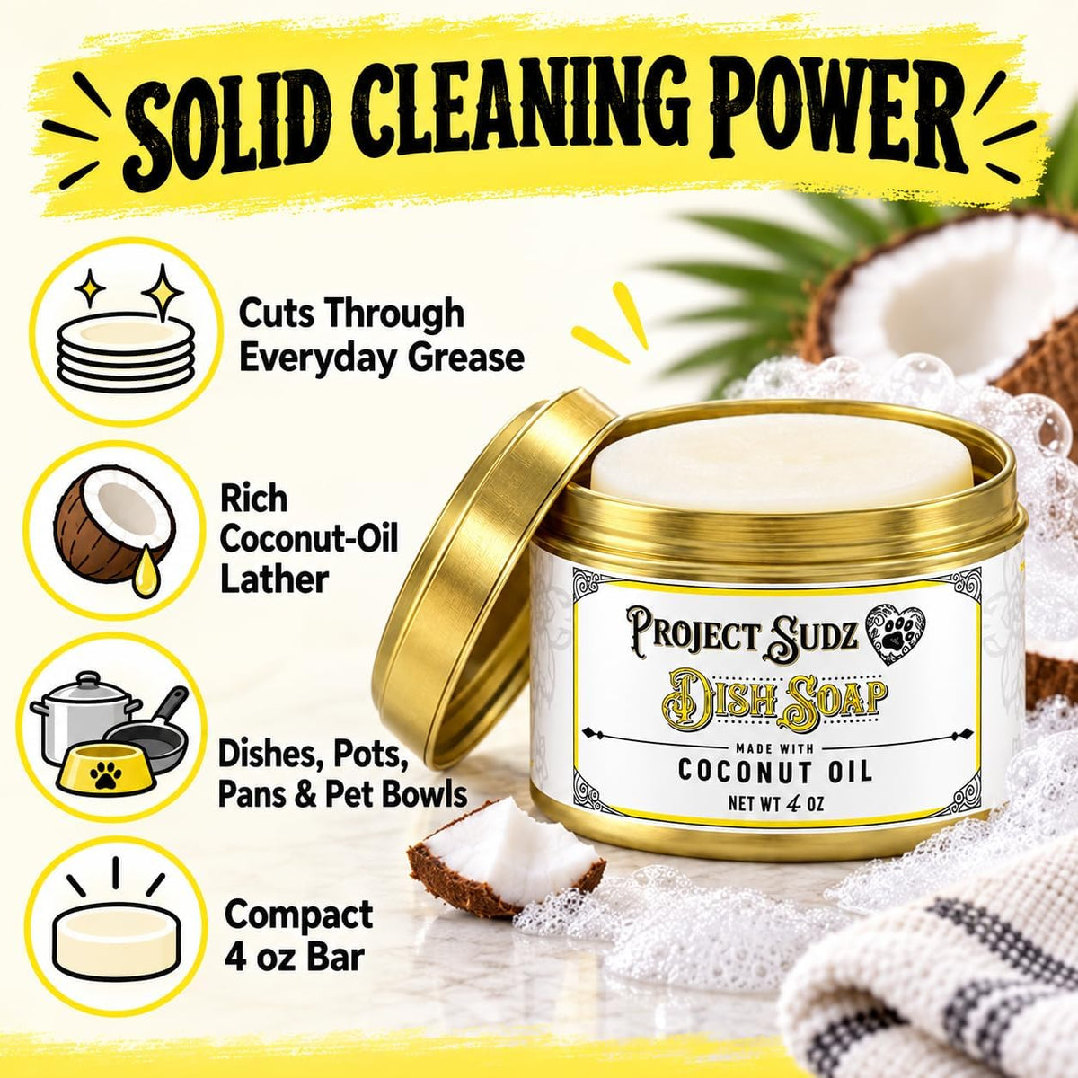 Solid Dish Soap | Plastic-Free Eco-Friendly Dishwashing Block | Made with Coconut Oil | 4 oz Reusable Tin | Zero