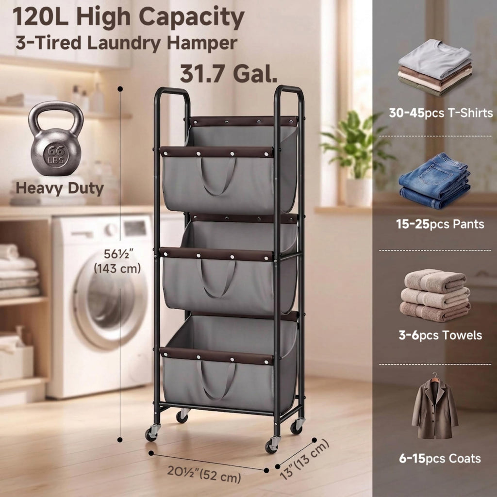 3 Tier Laundry Hamper Sorter, Rolling Laundry Basket on Wheels