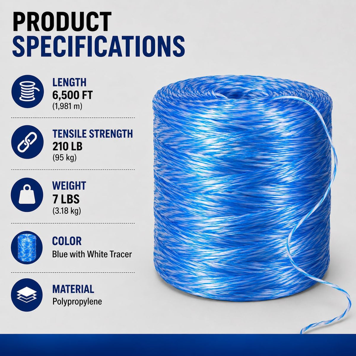 PL6500 Poly Pull Line - 210 lbs Tensile Strength, Polypropylene - 6500Ft Twine Line, Blue & White (Coil Only)