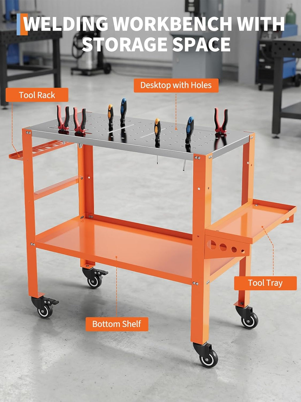 36" x 18" Welding Table, 1200 Lbs Capacity Welding Workbench Table Top with Lockable Wheels,Tool Rack & Tray, 4 Tool