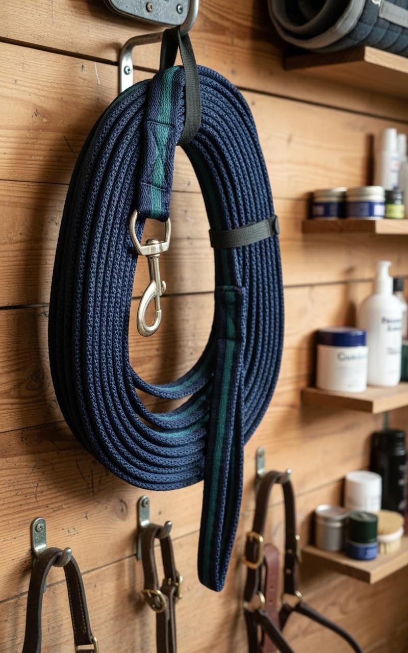 Soft Padded Lunge Line Rein Lead for Horses 27ft Long Looped Handle Swivel Clip (Navy/Green)