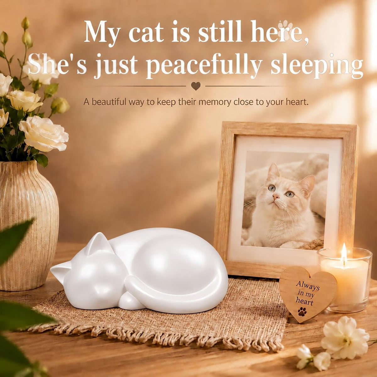 Handmade Sleeping Cat Urn for Ashes - Elegant White Pet Memorial Statue