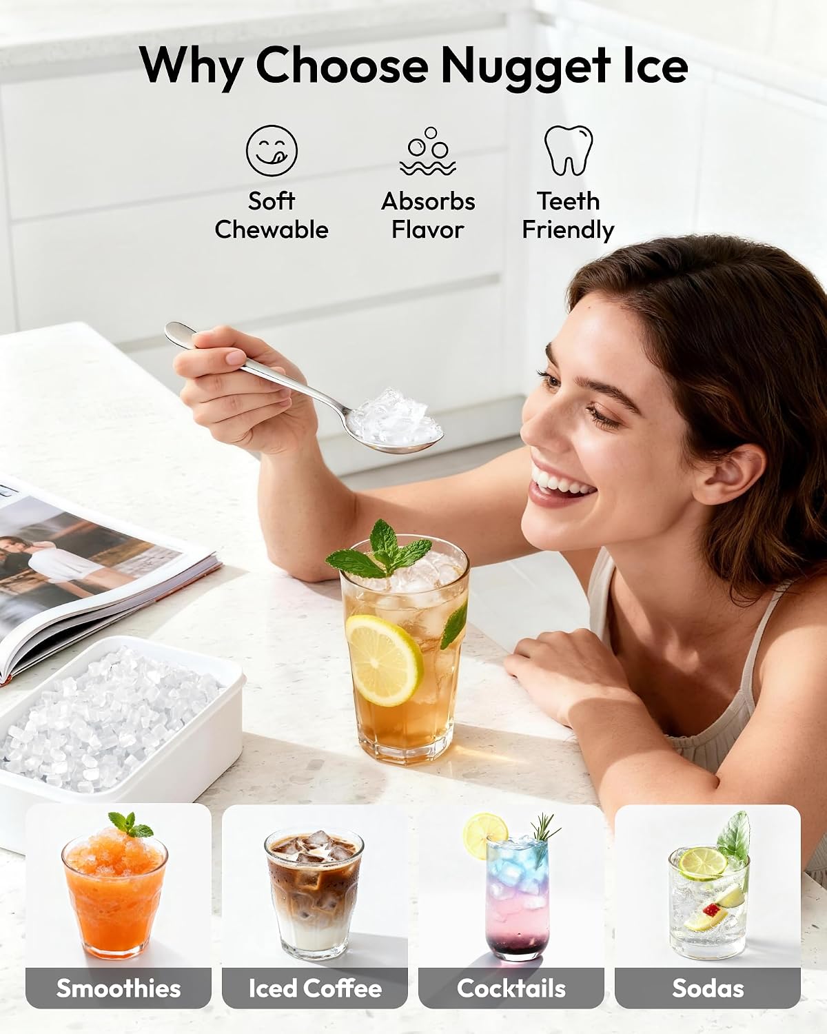 Nugget Ice Maker Countertop with Handle, 38lbs Daily Sonic Ice
