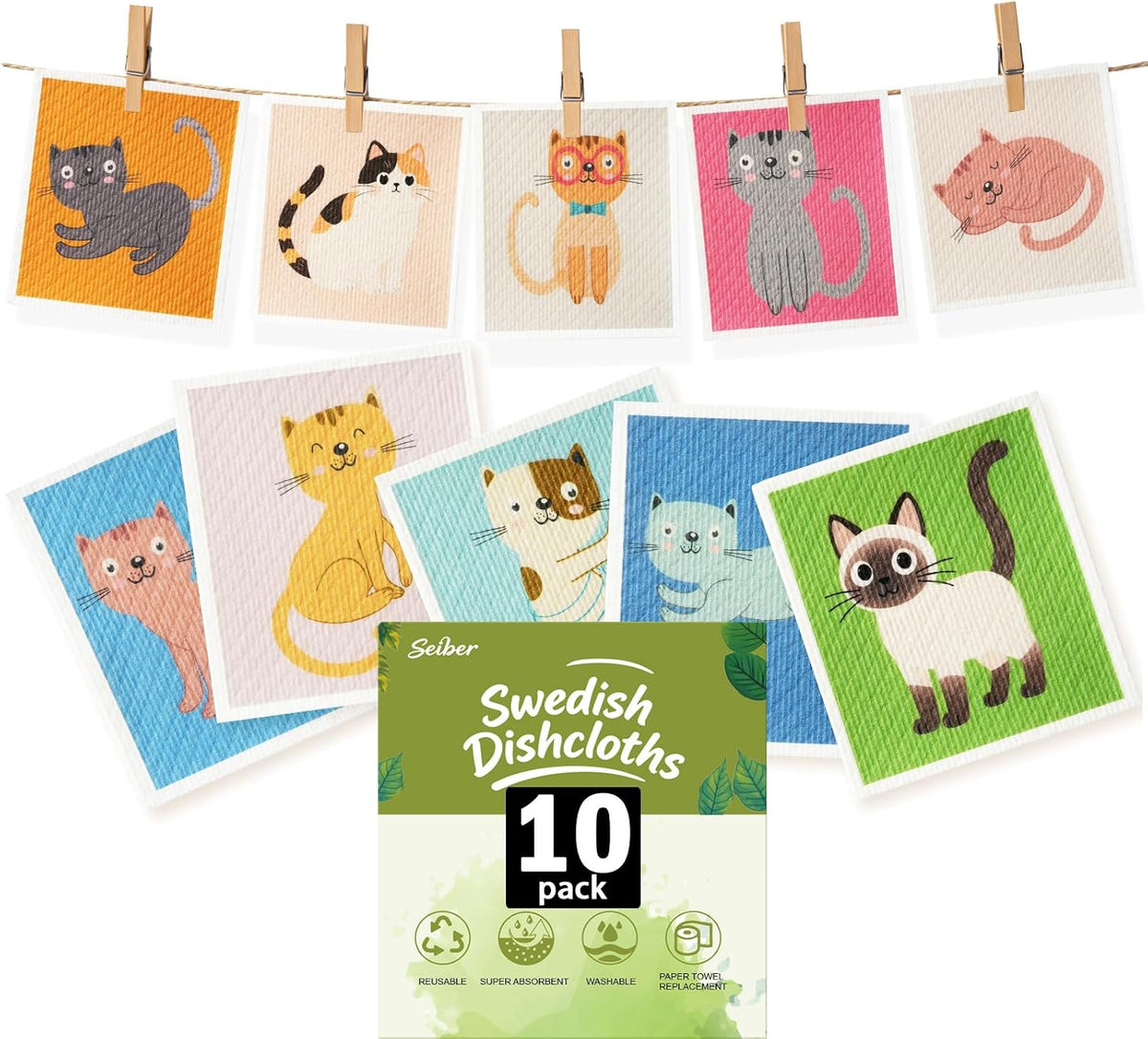 Swedish Dishcloths for Kitchen Reusable,Cat,10 Packs