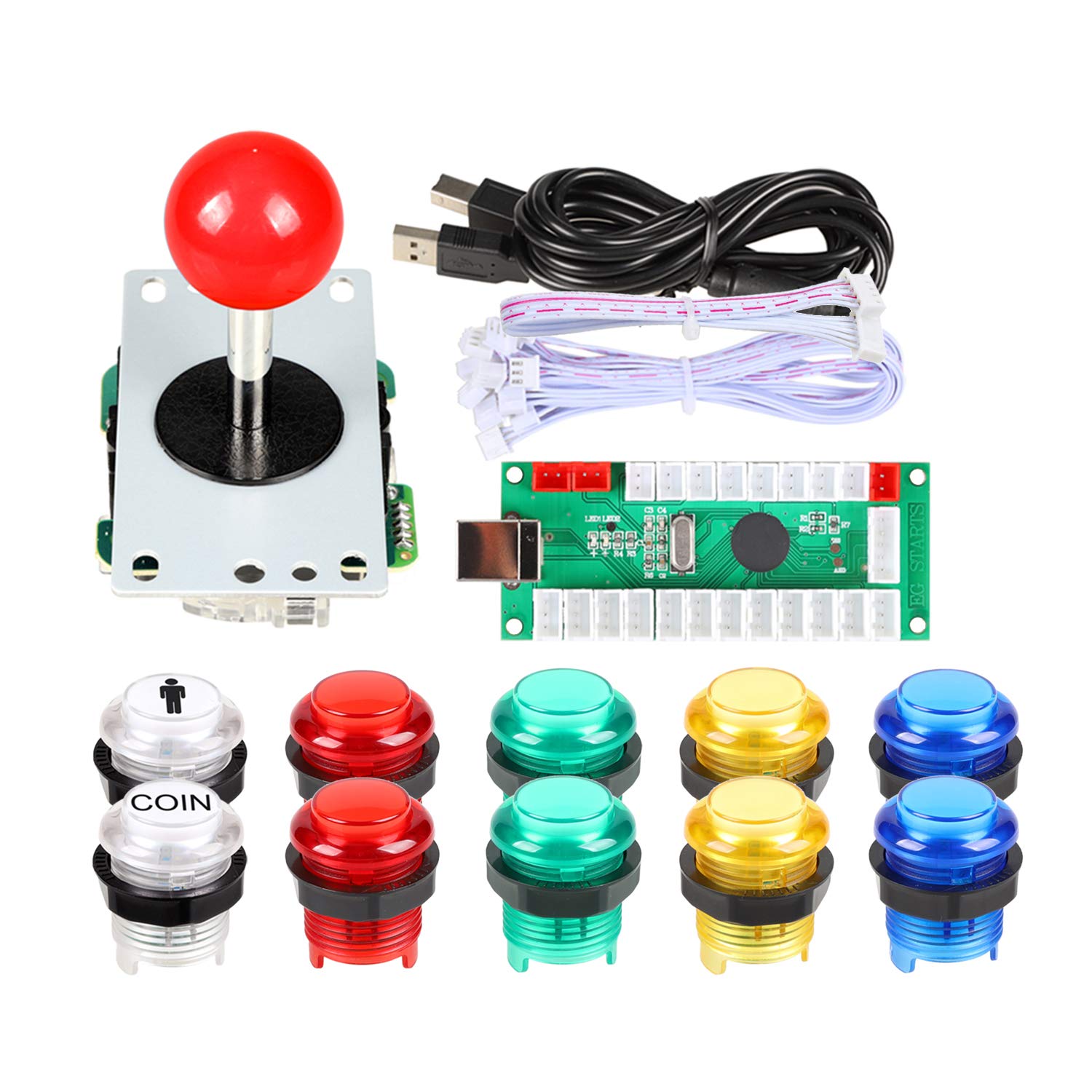 1 Player USB Encoder to PC Arcade Joystick Red Top Ball + 10x 5V LED Arcade Buttons for Arcade PC Games Mame